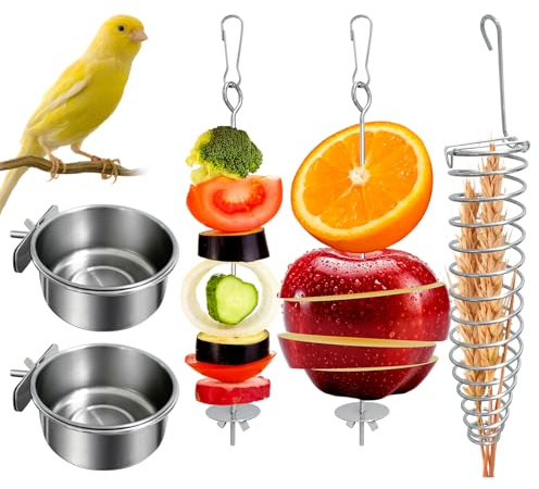 5Pcs Bird Cage Food Bowl Set, Stainless Steel Millet Holder with Parakeet Feeder, Pet Feeding Supplies
