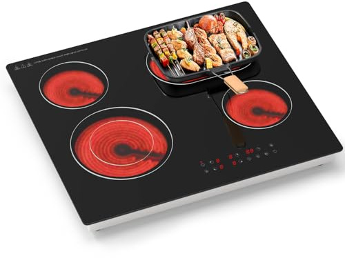 Borrallio Piano Cottura in Vetroceramica, Piastra Elettrica da Incasso 60 cm con Zona Doppia, 4 Zone con Controllo Touch, Timer 99 Min, Blocco Bambini, Spegnimento Automatico, Vetro Nero