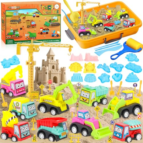 POWZOO Kit de Construction,1KG de Sable Magique (2x500g), 9 Voitures de Course, 20 Panneaux de Signalisation,Outils,Château et Grue + Boîte de Rangement - Jouet Sensoriel pour Enfants 3-8 Ans
