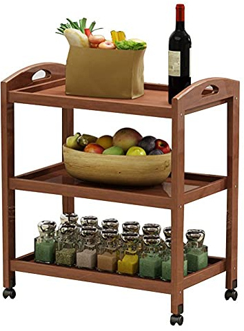 ZOCWJK Service Trolley Kitchen Trolley 3-Tier Trolley Multifunctional Wooden Trolley with Wheels Universal Handle 2 Sizes(