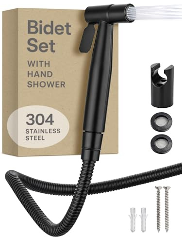 Praknu Doccetta per Bidet WC - Con Doccia, Tubo Flessibile e Supporto - Acciaio inox – Per attacco standard G1/2 – Facile da installare (Nero)