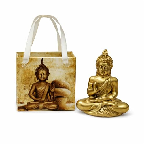 West5Products Miniature Grey Buddha Statue 5.5cm With Gift bag – Small Zen Buddha Ornament for Home Decor, Office Desk, Car & Meditation Space (Gold)