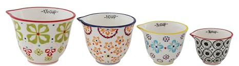 Creative Co-Op Floral Hand Stamped Stoneware Measuring Cups (Set of 4 Sizes/Designs)