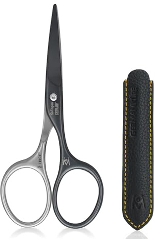 GERMANIKURE Moustache and Beard Scissors - Self-Sharpening FINOX22 Titanium Coated Stainless Steel Professional Grooming Tools in Leather Case - Ethically Made in Solingen Germany - 2706