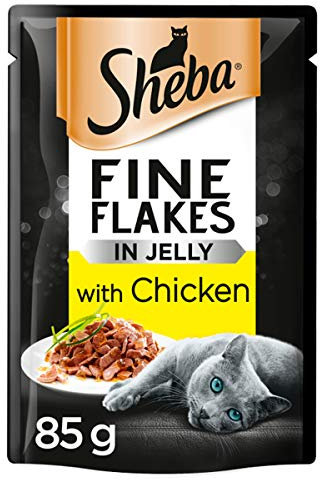 Sheba Fine Flakes in Jelly with Chicken, Wet Cat Food Pouches for Adult Cats, 24 x 85 g Pack, 410088