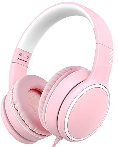 RORSOU Auriculares R10 de Diadema con micrófono, Auriculares estéreo con Graves Ligeros y Plegables, equipados con un Cable de 1,5 Metros sin enredos, y Auriculares cableados portátiles Rosa