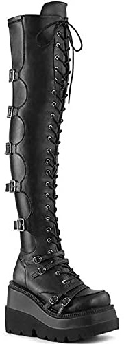 oiangi Women's Over the Knee Boots Fashion Lace Up Buckle Straps Gothic Punk Cosplay Platform High Boots Plus Size Leather Black Thick Soled Shoes