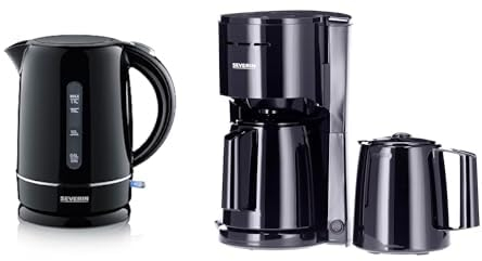 SEVERIN Cafetera con 2 jarras termo, capacidad: hasta 8 tazas cada jarra KA 9307 & Hervidor de Agua 1.7 L. WK 4322 & Tostadora doble para 2 rebanadas de Pan con Soporte para tostar panecillos AT 2287