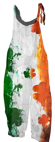 Rosennie St Patricks Day Deko Jumpsuit Fasching Damen Kostüm Jumpsuit Damen Kleeblatt Druck St Patricks Day Kostüm Spaghetti Jumpsuit Mit Taschen Wide Leg Playsuit Jumpsuit Elegant (Orange, 3Xl)