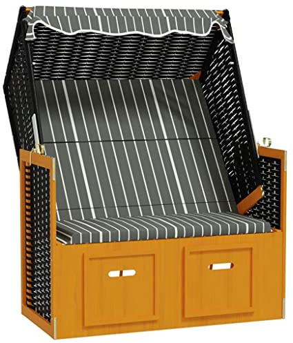 Willood Strandkorb mit Dach Poly Rattan Gartenliege Volllieger Sonnenliege Sonneninsel Strandliege Liege Zweisitzer Strand und Massivholz Schwarz & Grau