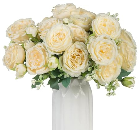 AUMAYCO 4 Bunches Pfingstrose künstliche Blumen, künstliche Rosen Bouquet, lebensechte Seide Pfingstrose Sträuße für Home Décor, Faux Seide Rosen Blumenarrangement für Party Zentrum Stück, Champagner