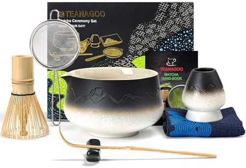 TEANAGOO Matcha-Schneebesen (7 Stück) Matcha-Set Mtacha Kit Matcha-Schale mit Ausgießer Bambus-Matcha-Schneebesen (Chasen) Schaufel Matcha-Schneebesenhalter.N34, Farbverlauf Weiß Schwarz
