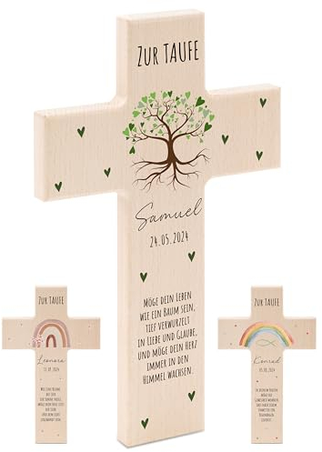 Bärenfreunde - Personalisiertes Taufkreuz mit hochwertigem Spezial-Druck aus massivem Buchenholz - Taufe Geschenk - Holzkreuz Taufe (Lebensbaum grün)