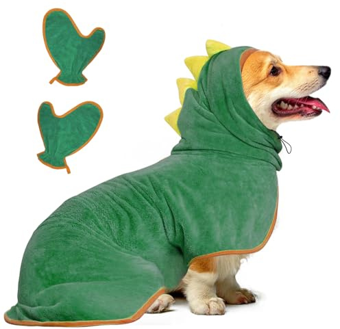 Bibykivn Accappatoio per Cani, Accappatoio per Cani Microfibra, Abbigliamento Asciugamano Morbida per Animali Dinosauro, Per Asciuga il Tuo Cane Dopo Aver Nuotato e Fatto il Bagno (Verde, S)