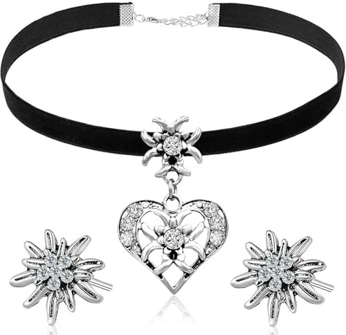 3 Stück Trachtenschmuck Damen Set,Trachtenkette Damen, Dirndl Schmuck,Edelweiß Trachten Samt Kropfband,Oktoberfest Schmuck Damen,Dirndl Kette,Dirndl Schmuck Damen Set,Kette Oktoberfest Damen