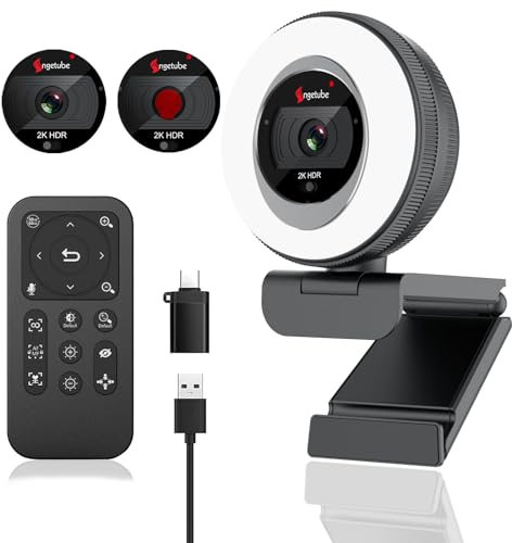 Angetube Streaming Webcam, 2K Webcam mit Ringlicht, 1080P HDR PC-Kamera mit Steuerung, Dual-Stereo-Mikrofon und Privatsphäre-Abdeckung, Autofokus 5-Fach Zoom, Computerkamera für Laptop
