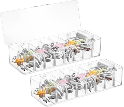 2 Pièces Boite Rangement Cable avec 8 Compartiments Amovible, Boîte de Gestion des Câbles Transparent avec Couvercle, avec 16 Attaches Câble, pour Stockage Bureau, Maison