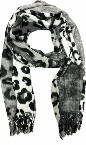 Jeamis Sciarpa XXL leopardata in lana di cotone con frange Leo, Nero , 190 x 68 cm