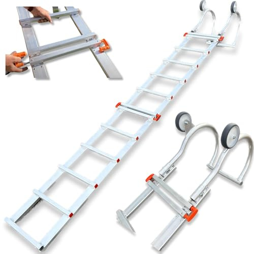 Scala da tetto, lunghezza 4,65 m, facile da installare, set di 2 prolunghe da 2,00 m + 1 gancio da 0,65 m con ruote 120 mm, tutto in alluminio, molto leggero 12 kg, resistenza massima di carico 150 kg