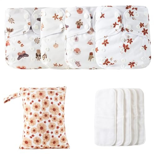 Couches réutilisables bébé, couches en réutilisables - Couches de bébé réglables réutilisables,Doublures absorbantes et respirantes, 4 inserts et 1 sac humide, empêche la coloration