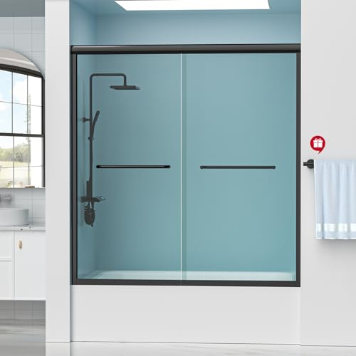 Oycevila Bathtub Shower Door 56-59 W x 59 H Sliding Tub Door - 1/4 Inch Tempered Glass with Matte Black Stainless Steel Hardware, Adjustable Bathroom Enclosure