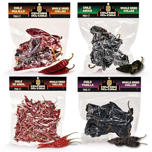 Paquete de chiles secos enteros mexicanos. Ancho, Guajillo, Arbol y Pasilla (300 g en total). Todos los chiles naturales básicos para un auténtico sabor mexicano. Ideal para tacos Birria, mole