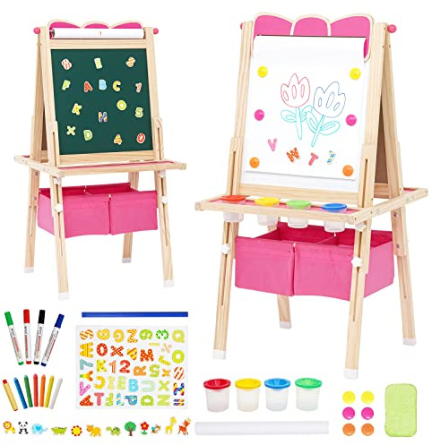 Tableau Enfant Double Face.Tableau Noir Réglable en Hauteur avec Rouleau de Papier,Tableau Noir, Tableau Blanc,Kit de Peinture et Sac de Rangement.Planche à Dessin pour Enfants à Partir de 4 Ans Rose.