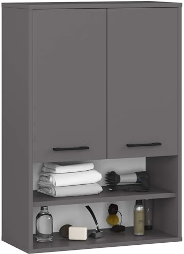 AKORD Meuble Salle de Bain Suspendu Fin 64 cm - 2 Portes, 2 Étagères 2 Compartiments Ouverts - Meuble Haut WC Meubles Suspendus - Armoire Murale Moderne 64x94x30 cm - Gris Graphite