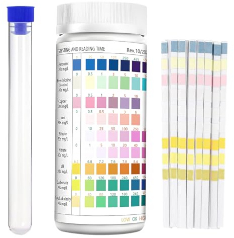 Lot de 200 Bandelettes de Test Eau 9 en 1 – Test Rapide Aquarium, Bassin, Piscine, Eau Potable & Robinet – Bandelettes Aquarium Accessoires pour pH, Dureté, Chlore, Nitrate, Fer, Cuivre, Carbonate etc
