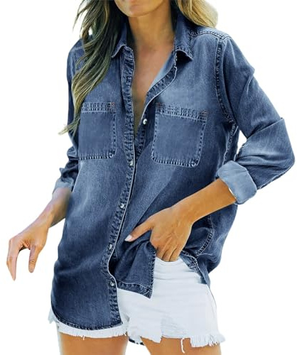 KBOPLEMQ Camisa vaquera de manga larga para mujer, blusa con botones de mezclilla, estilo vintage, deslavada, informal, de corte recto, chaqueta vaquera con bolsillos en el pecho, color liso, abrigo