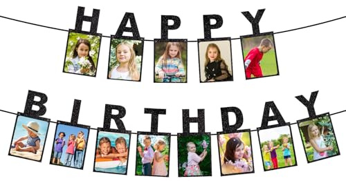Striscione Fotografico di Buon Compleanno, Striscione con Foto Glitterata Nera Pre-Infilata Decorazioni per Feste di Compleanno per Bambini e Adulti