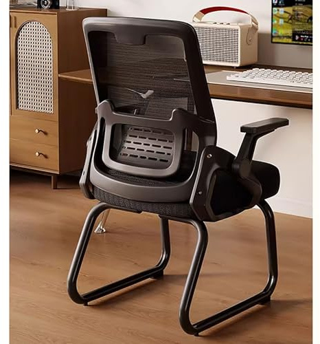 Ergonomisk kontorsstol i mesh Med slädeunderrede Besöksstol for kontor Med ryggstöd Lämplig for konferensrum, sovrum, väntrum och receptioner(Black+black frame)
