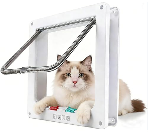 Cat Door, Safety Pet Door with 4 Way Lock, Weatherproof & Easy Installation Cat Flap Door for Interior Exterior Door, Window, Wall (White-M)