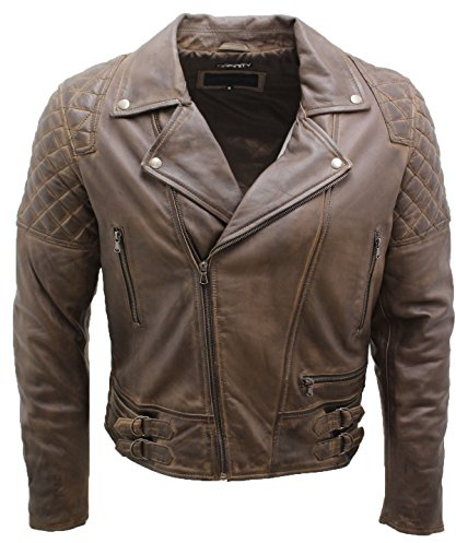 Men’s Retro Brando Quilted Olive Brown Leather Biker Jacket S