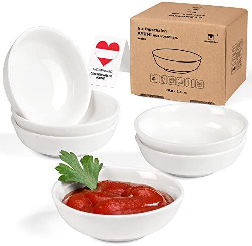 Urban Lifestyle 6 x Dipschälchen Porzellan 35ml weiß Saucenschälchen Dipschale Ayumi rund Sojasauce Schälchen, Sushi Schälchen, Marmeladenschälchen Dipschale