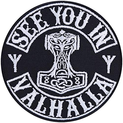 Tygmärke - See you in Valhalla - vikingar, Valhalla, strykbilder, nordisk bild, Tors hammare Mjölnir, märke för att sy fast, applicering på alla tyger, 90 x 90 mm