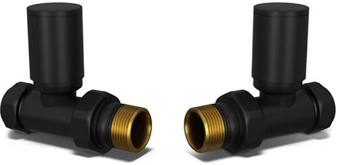 UK Radiators Round Black Radiator Valve Pair - Black Matt Finish - Classy and Modern Design 1/2 x 15mm Straight Radiator Valve Pair - Pair of Valves