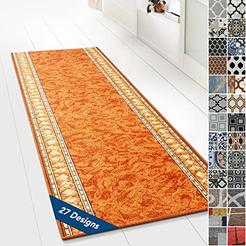 Floordirekt Teppichläufer mit Muster - maßgefertigter Feinschlingen Teppich Läufer für Küche, Flur & Wohnraum - Ornament Vintage Orient Gitter (80 x 300 cm, Rügen Terra)