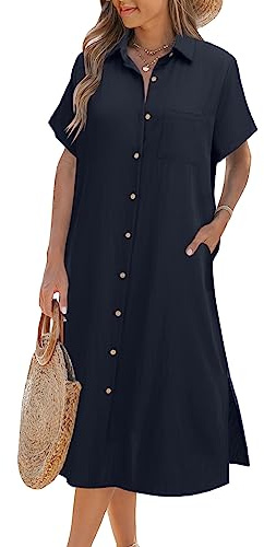 Zeagoo Women Shirts Tunic Dresses Solid Color Short Sleeve Side Slit Buttons Dress with Pockets Navy Blue L