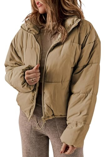 Dokotoo Womens Puffer Jackets Winter Clothing for Women Cute Warm Winter Coats Oversized Stand Neck Full Zipper Up Drawstring Baggy Padded Jacket Coat Warm Comfy Soft Outerwear with Pockets Khaki L