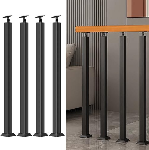 Poteaux De Balustre D'escalier Carrés - Broches De Garde-Corps En Métal Réglables à 270° Avec Base De Support Plat Et Kits De Vis; Les Poteaux En Fer Noir Conviennent à La Terrasse