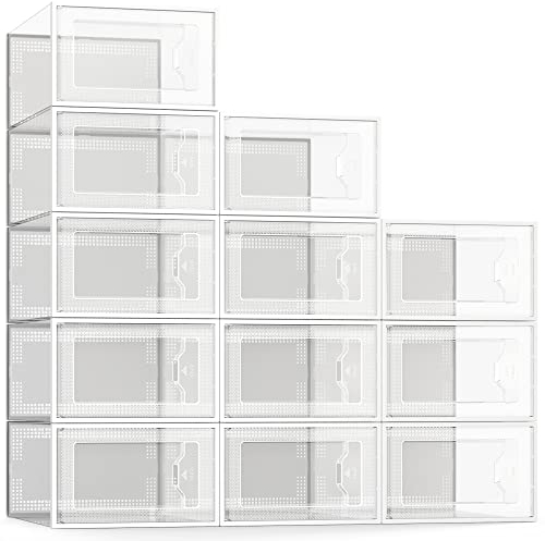 SEE SPRING 12er Set faltbare Schuhboxen Organizer, stapelbar - Für Schuhe bis Größe 44 - Kunststoff-Aufbewahrungsboxen transparent/weiß