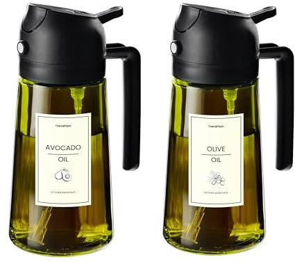 TrendPlain - 470ml Öl Sprühflasche - 2 in 1 Ölspender und Ölsprüher - Ölspray mit Etiketten - Küchen Gadgets für Kochen, Salat und Grill - mit lichtschützendem Design - 2 Stück Schwarz