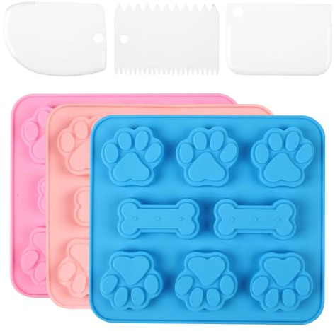 3 stycken bakformar för hundkex, silikonformar bakning med hundtassar och benmönster, non-stick matkvalitet, bakmattor med degskrapa, för hundgodis, godis, gelé, kex, pudding (3 färger)
