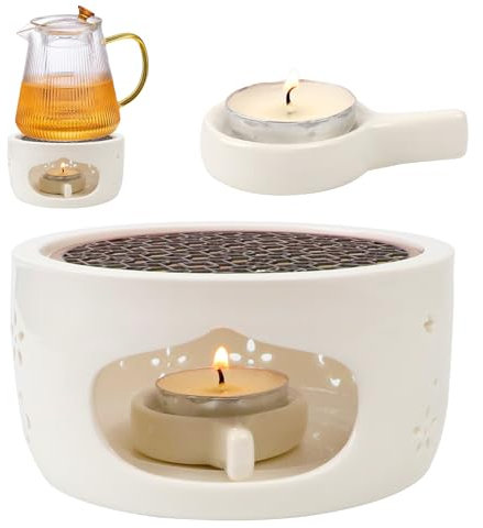 JOLIGAEA Stövchen für Teekanne Porzellan, Teekannenwärmers Keramik, Teelichtofen mit Kerzenhalter Kaffeewärmer, Ringwand ist Hohl Geschnitztes Design, Teestövchen Geeignet Erhitzen von Tee und Kaffee