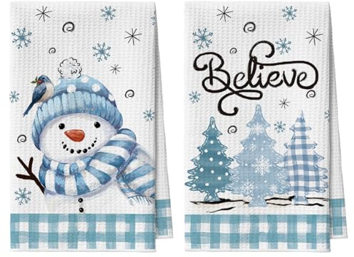Artoid Mode Juego de 2 paños de cocina con diseño de muñeco de nieve y árboles, 42 x 65 cm, microfibra, absorbentes, color azul