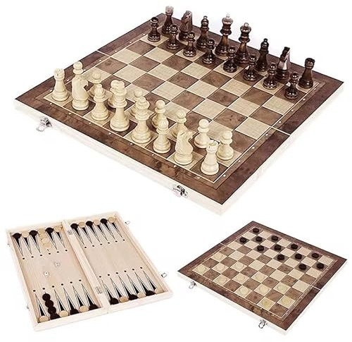 3-i-1 schackset i trä, schack, schackspel och backgammon, 35 cm schackbräde med handgjort stycke, vikbart bärbart reseschackset spel för nybörjare turnering professionell