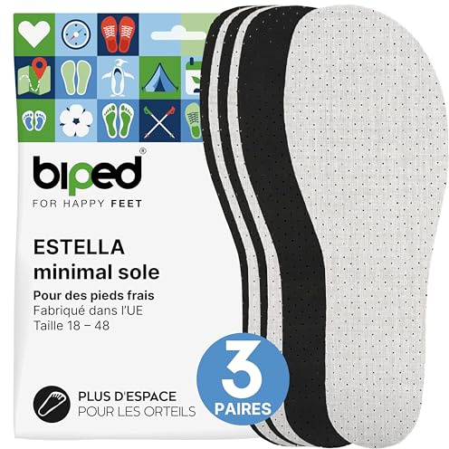 biped minimal sole ESTELLA – 3 par sulor för minimalistiska och barfotaskor – Sulor med aktivt kol mot lukt – Fräscha innersulor för vuxna och barn(39)