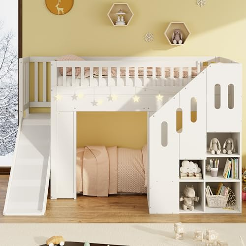 Kebnor Litera, cama alta para niños de 90 x 200 cm con tobogán, protección contra caídas y espacio de almacenamiento, cama juvenil, con barra de luz LED, madera maciza, color blanco