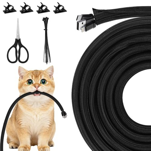 10 mm x 3 m kabelslang svart självlåsande kabelskyddsslang | Flexibelt kabelskydd katt med kabelklämmor och buntband och sax för USB, ström, ljud och videokabel
